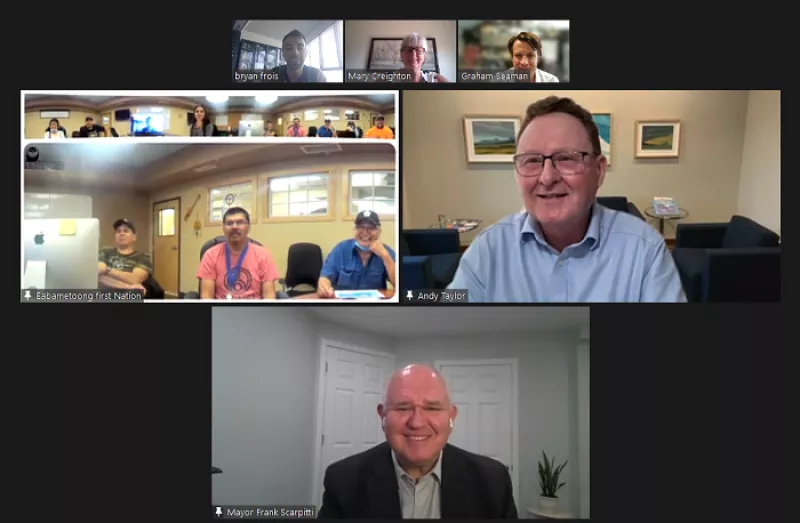 Mayor Scarpitti and CAO Andy Taylor meet virtually with Eabametoong First Nation Chief Solomon Atlookan in 2021.