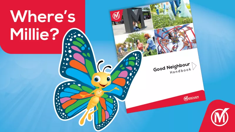 Millie the butterfly in the centre, picture of the Good Neighbour Handbook on the right. Text reads "Where's Millie?"
