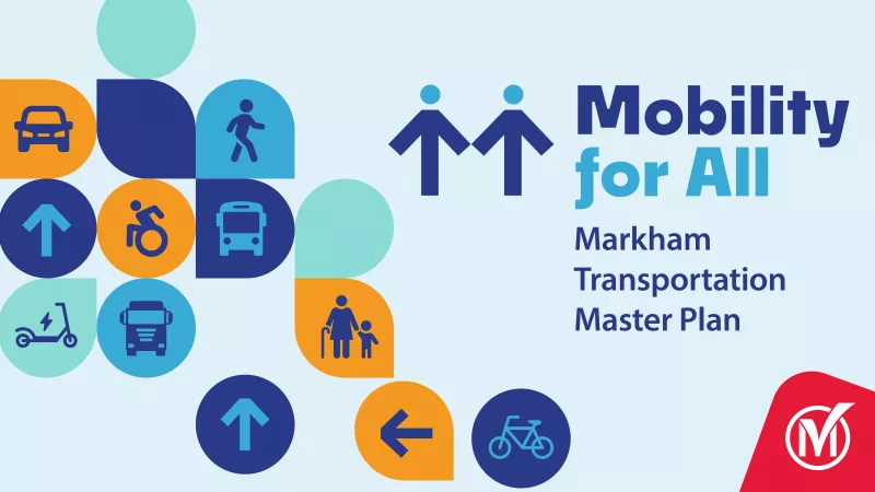 Icons of a car, pedestrian, trains, and buses. Text reads "Mobility for All Markham Transportation Master Plan"
