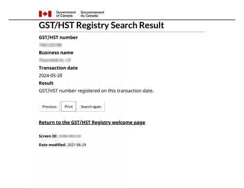 GST HST Number