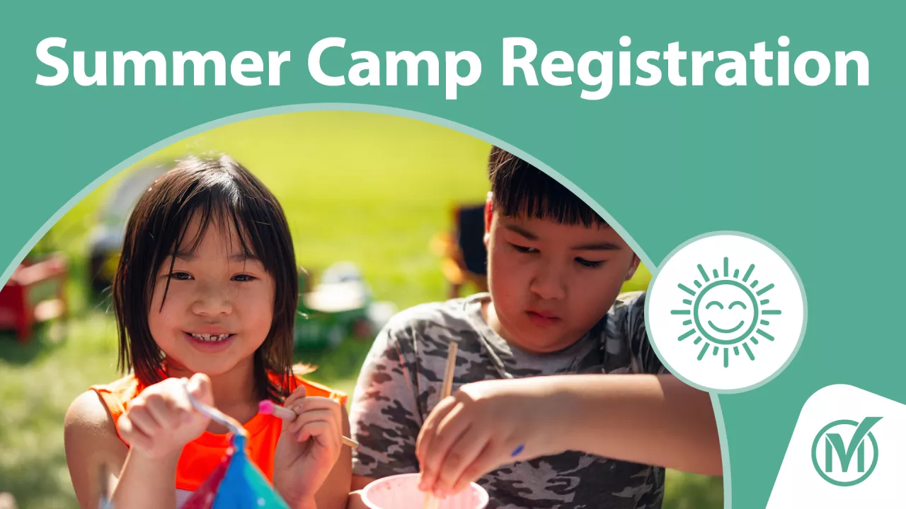 Text reads "Summer Camp Registration." In a semi-circle shape, two kids are making crafts outdoors.