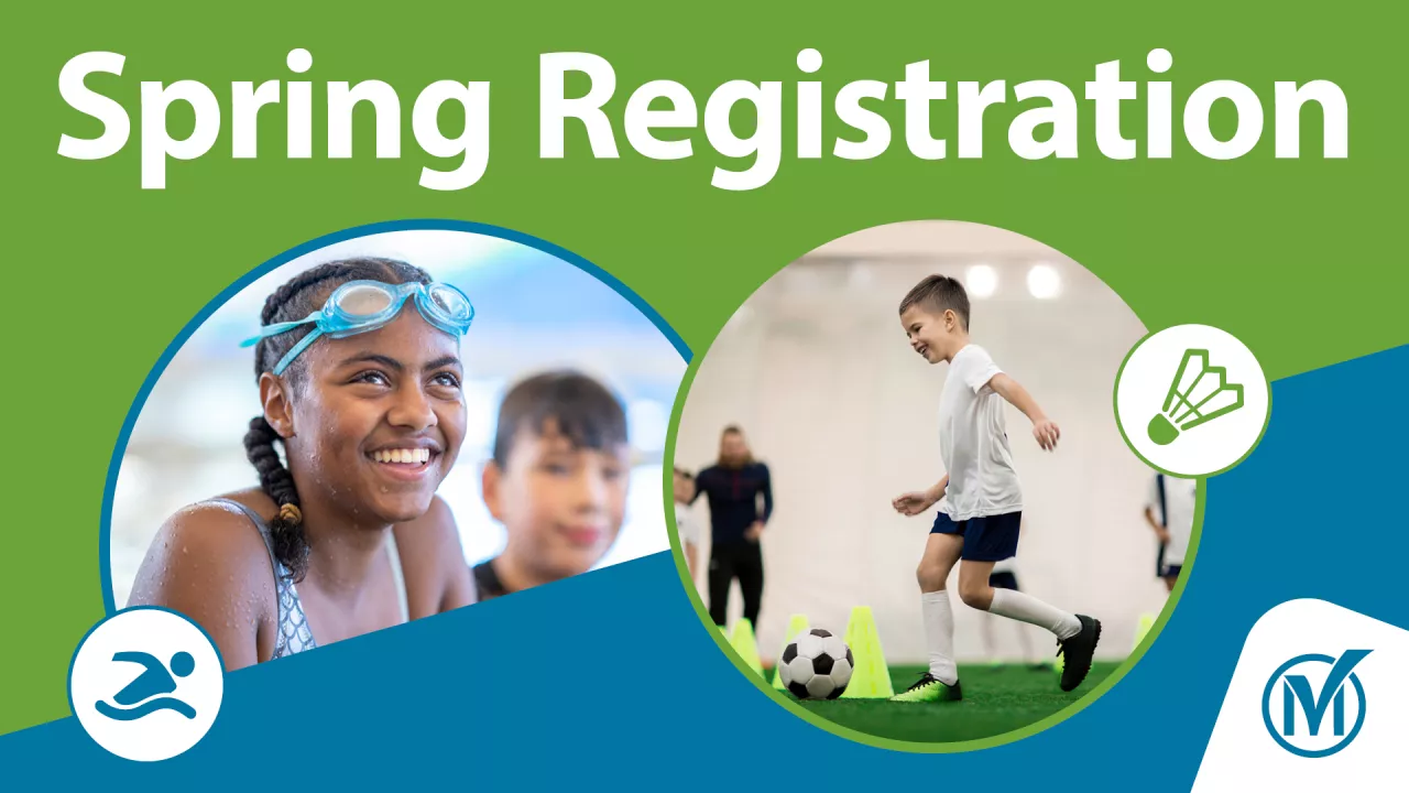 Photo of a camper swimming on the left and a camper kicking a soccer ball. Text reads "Spring Registration"