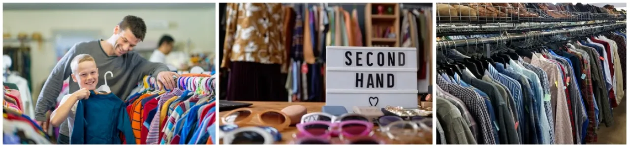 Image Carousel of Father and Son Second Hand Shopping, Second Hand Light Box on Table Display, Rack of Second Hand Button Ups in A Thrift Store